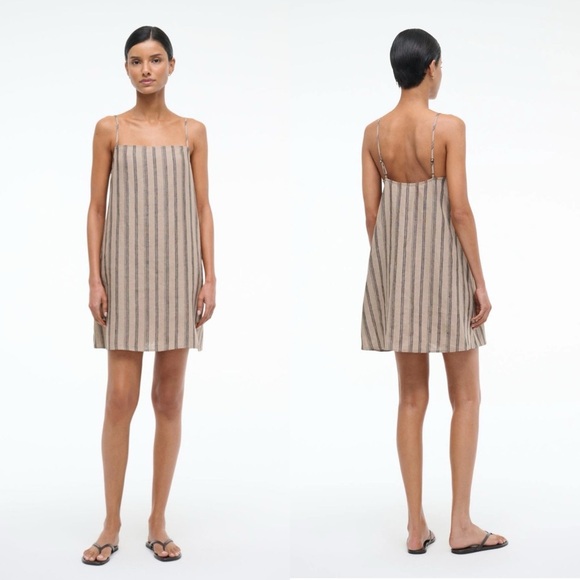 STAUD Laura Linen Mini Dress Sahara Stripe Brown Size Small - Picture 1 of 6